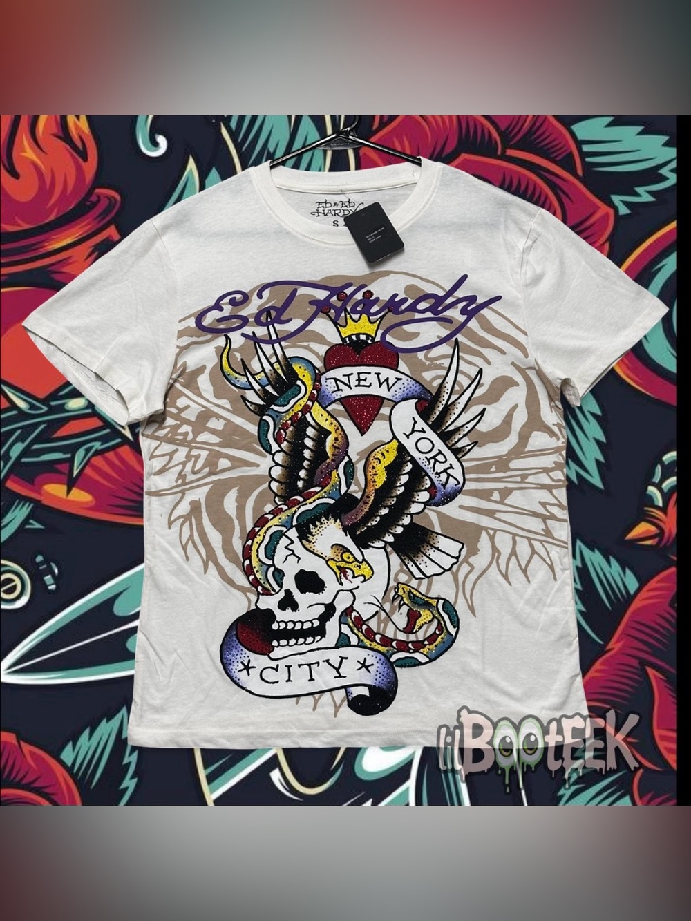 Ed Hardy Mens SM Ivory T-Shirt Rhinestone Skull Eagle New York City Logo NEW Y2K